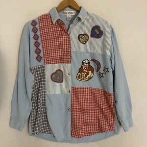 Jane Ashley Shirt Womens Size S‎ Button Up Cat Patchwork Applique Cottage Retro
